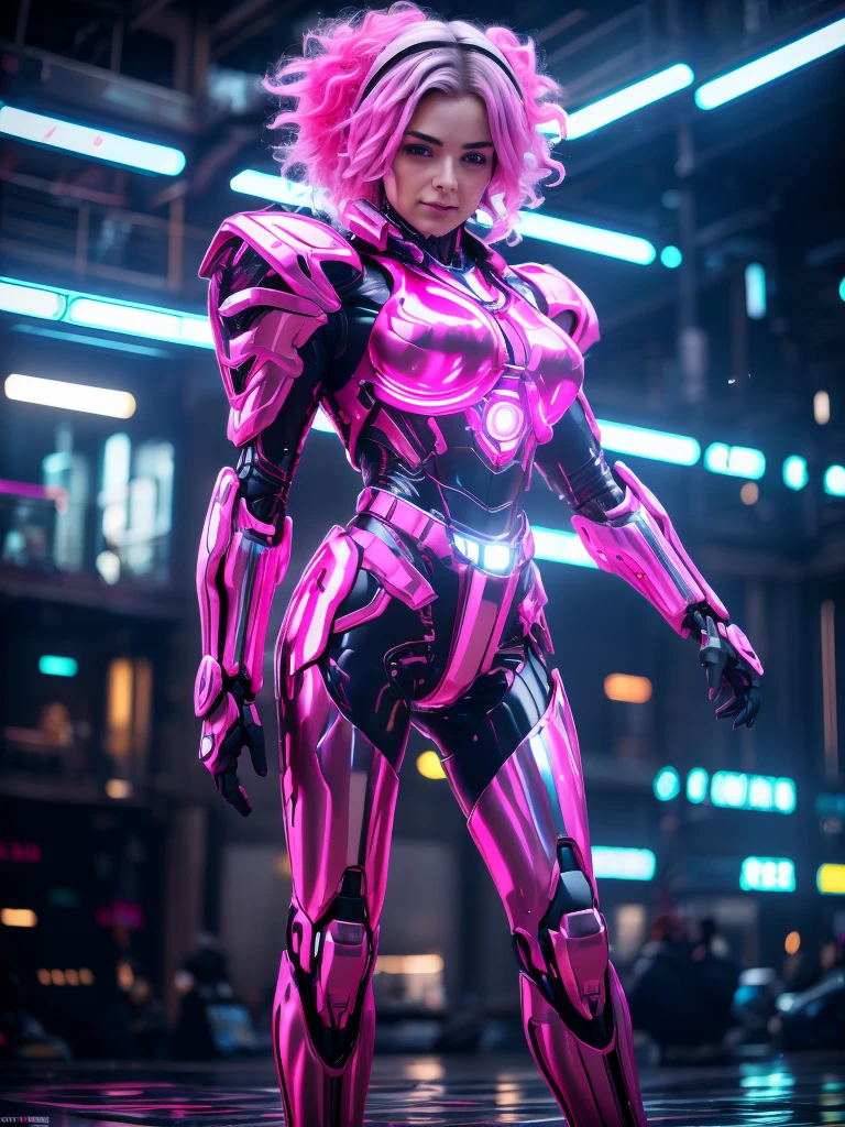 a realistic photo, hyper detailed, 12k, 1 woman, curly white and pink hair, she wears futuristic, white combat armor (breast: 1.2), a bionic arm, red LEDs on the metal parts, she stares at the camera , dynamic action pose, cyberpunk background, the weather is gray, the drops of water are streaming down the armor, the details of this scene make this photo a masterpiece