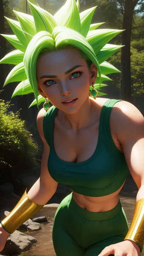 keflassj, 1girl, solo, aqua eyes, green hair, spiked hair, super saiyan, super saiyan 1, green earrings,
midriff, pink top, shor...