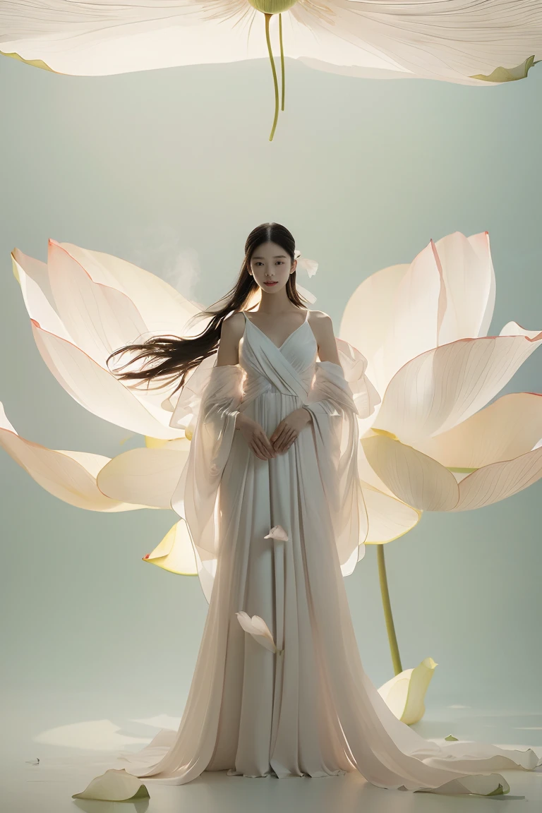 light pink and light white shades,Full body female love,  White background, natural lighting, Light effect, minimalist, elegant, pure tenderness, soft light lighting, realistically. a woman is (clavicle, bshoulder,) placed in a (pray and stand) super giant lotus，The petals are big and long (The petals are thin, soft gauze, Full background of flowing petals, floating petals, super flying petals, Mixed effect of smoke and petals), lotus dress,((perspective)).lotus_leaf_fairy，anatomically correct，((Best quality)), ((Masterpiece)), ((Realistic))