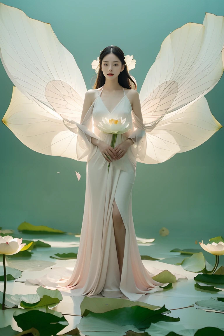 light pink and light white shades,Full body female love,  White background, natural lighting, Light effect, minimalist, elegant, pure tenderness, soft light lighting, realistically. a woman is (clavicle, bshoulder,) placed in a (pray and stand) super giant lotus，The petals are big and long (The petals are thin, soft gauze, Full background of flowing petals, floating petals, super flying petals, Mixed effect of smoke and petals), lotus dress,((perspective)).lotus_leaf_fairy，anatomically correct，((Best quality)), ((Masterpiece)), ((Realistic))