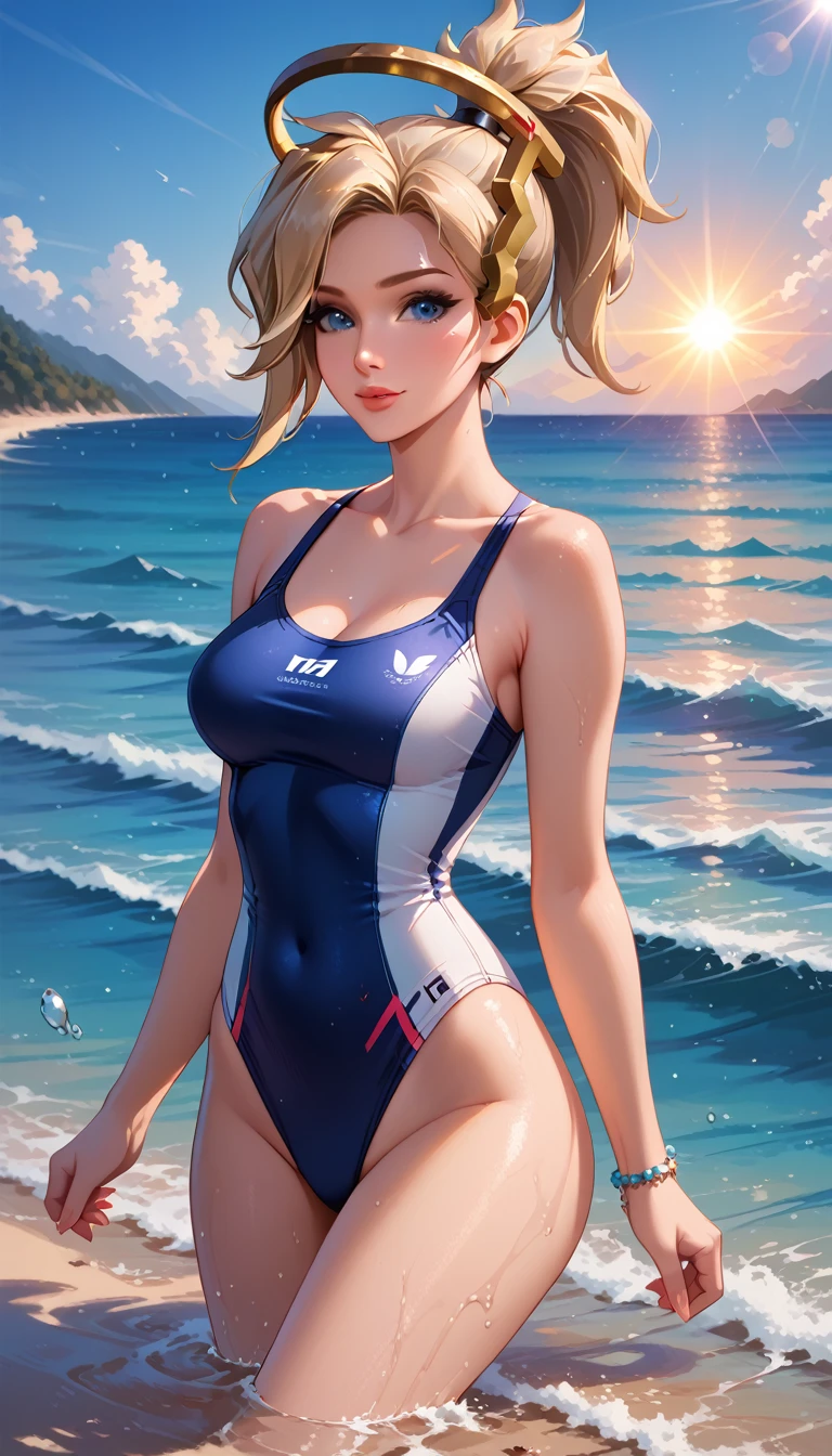 score_9, score_8_up, score_7_up, score_6_up, cinematic film still, solo, 1girl, BREAK mrcy, short hair, high ponytail, halo, cute swimsuit, beach, jogging in shallow water, graceful, beautiful scene, sunrise, lens flare, highly detailed, detailed face, absurdres, 4k, masterpiece, best quality.