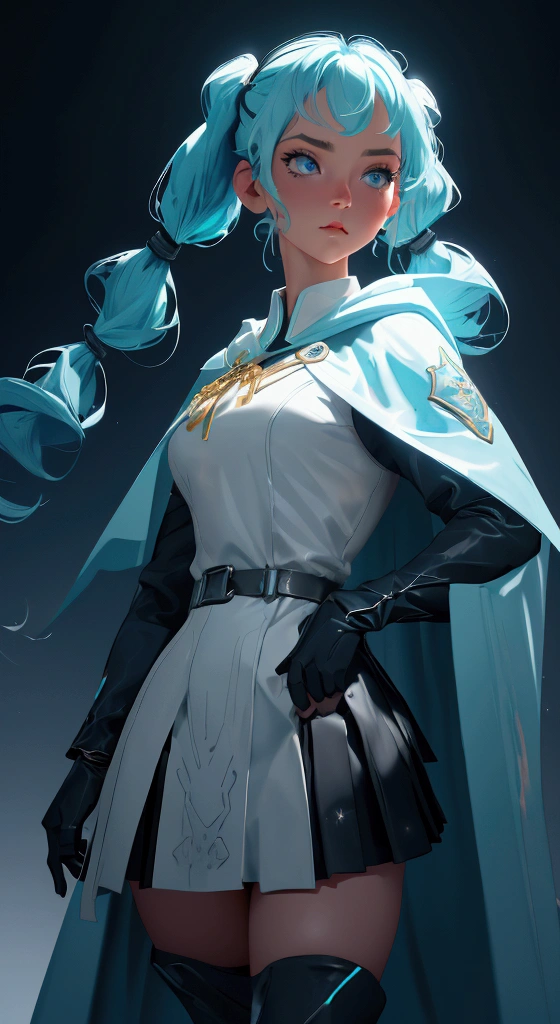 envision a 8k, highres, cinematic, beautiful full body splash design art of a woman with Aqua blue hair in pigtails, Blue eyes, Military Dress, Tactical Skirt, Blue Cape, magic wand, in dark lighting, against a dark gray background