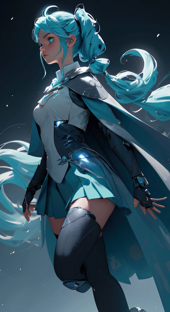 envision a 8k, highres, cinematic, beautiful full body splash design art of a woman with Aqua blue hair in pigtails, Blue eyes, Military Dress, Tactical Skirt, Blue Cape, magic wand, in dark lighting, against a dark gray background