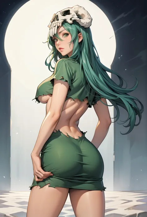 perfect eyes:1.2, detailed eyes:1.4, odelschwanck, green hair, hazel eyes, skull, torn clothes, underboob, skirt, cowboy shot, 1...