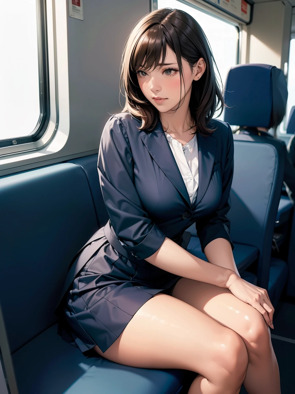 ((Highest quality,High resolution,Very detailed)), (Sharp details, Written boundary depth), real photo style, Mature Woman, ((Sit facing forward)), 電車の横に長いSitting in a seat, Sitting in a seat, Pose for a commemorative photo, ((Chair to sit under skirt)), View from opposite seats, Inside a commuter train, The woman&#39;s head is leaning against the rear window pane.., A shot from a slightly lower angle, ((Holding the hem of her skirt with both hands)), Summer knit dress with cut-out neckline, Exquisite and sophisticated features, Confused expression, Black Hair, Japanese women, Dark brown eyes, double eyelid, , She wears sexy white lace panties over her tights, Tights over tights。