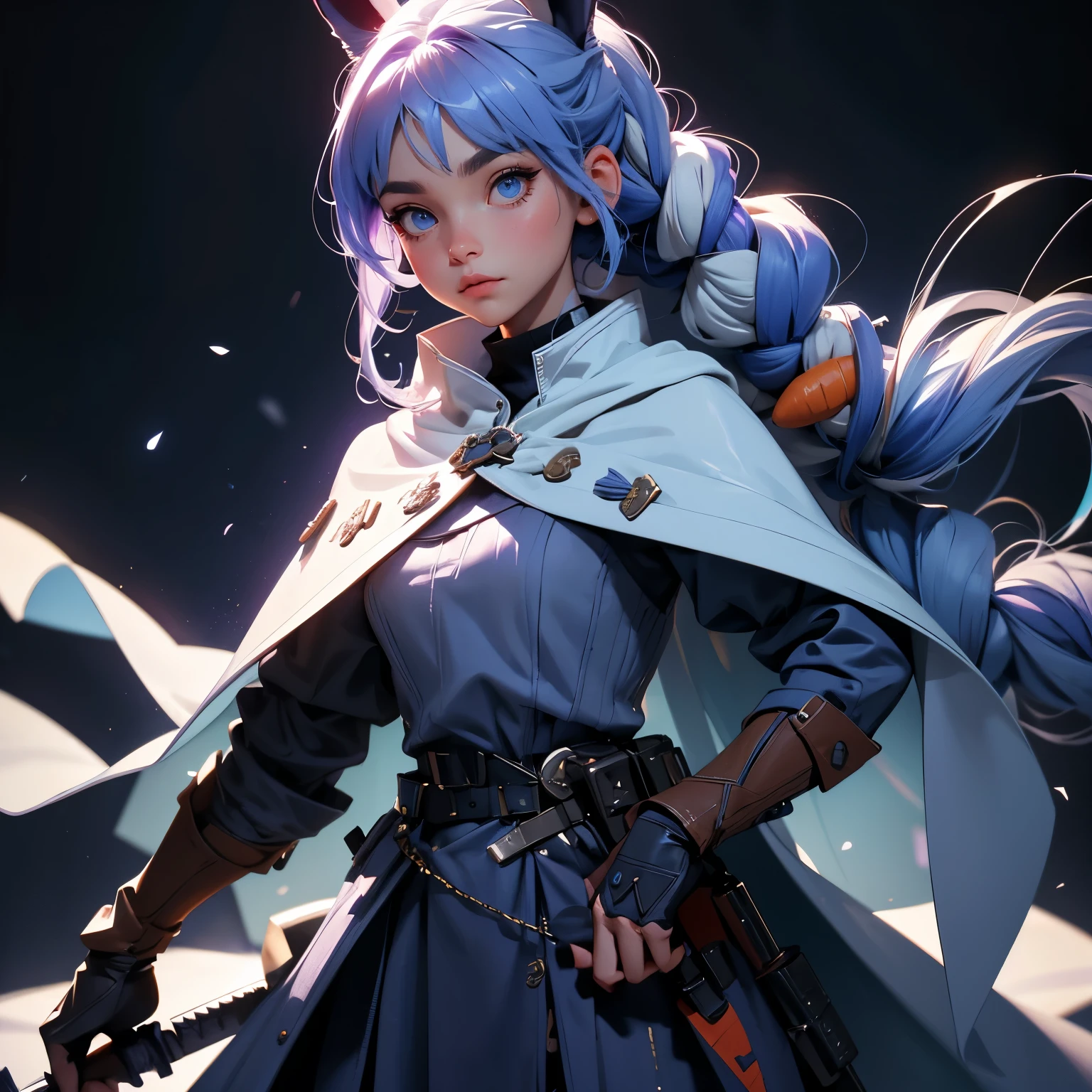 envision a 8k, highres, cinematic, beautiful close up portrait of a woman with lavender blue hair in pigtails, Blue eyes, Military Dress, Tactical Skirt, fluffy white Cape, explosive accessories, carrot hair ornaments, magic wand, in dark lighting, against a dark gray background