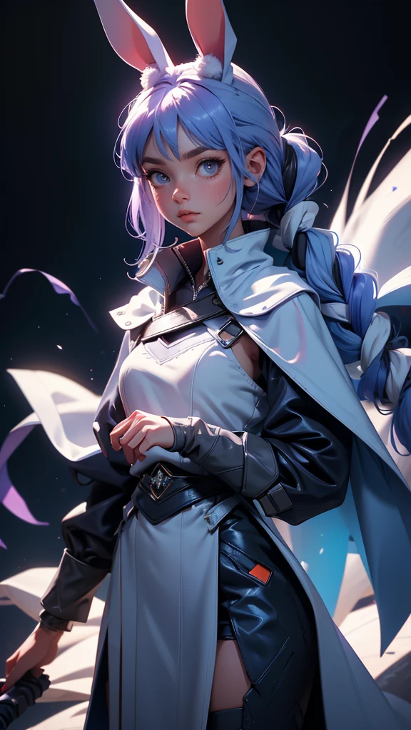 envision a 8k, highres, cinematic, beautiful full body splash art of a woman with lavender blue hair in pigtails, Blue eyes, Military Dress, Bunny ears, Tactical Skirt, fluffy white Cape, explosive accessories, carrot hair ornaments, magic wand, in dark lighting, against a dark gray background