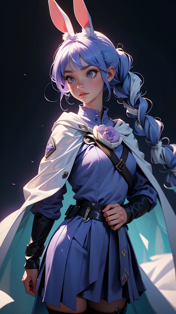 envision a 8k, highres, cinematic, beautiful full body splash art of a woman with lavender blue hair in pigtails, Blue eyes, Military Dress, Bunny ears, Tactical Skirt, fluffy white Cape, explosive accessories, carrot hair ornaments, magic wand, in dark lighting, against a dark gray background