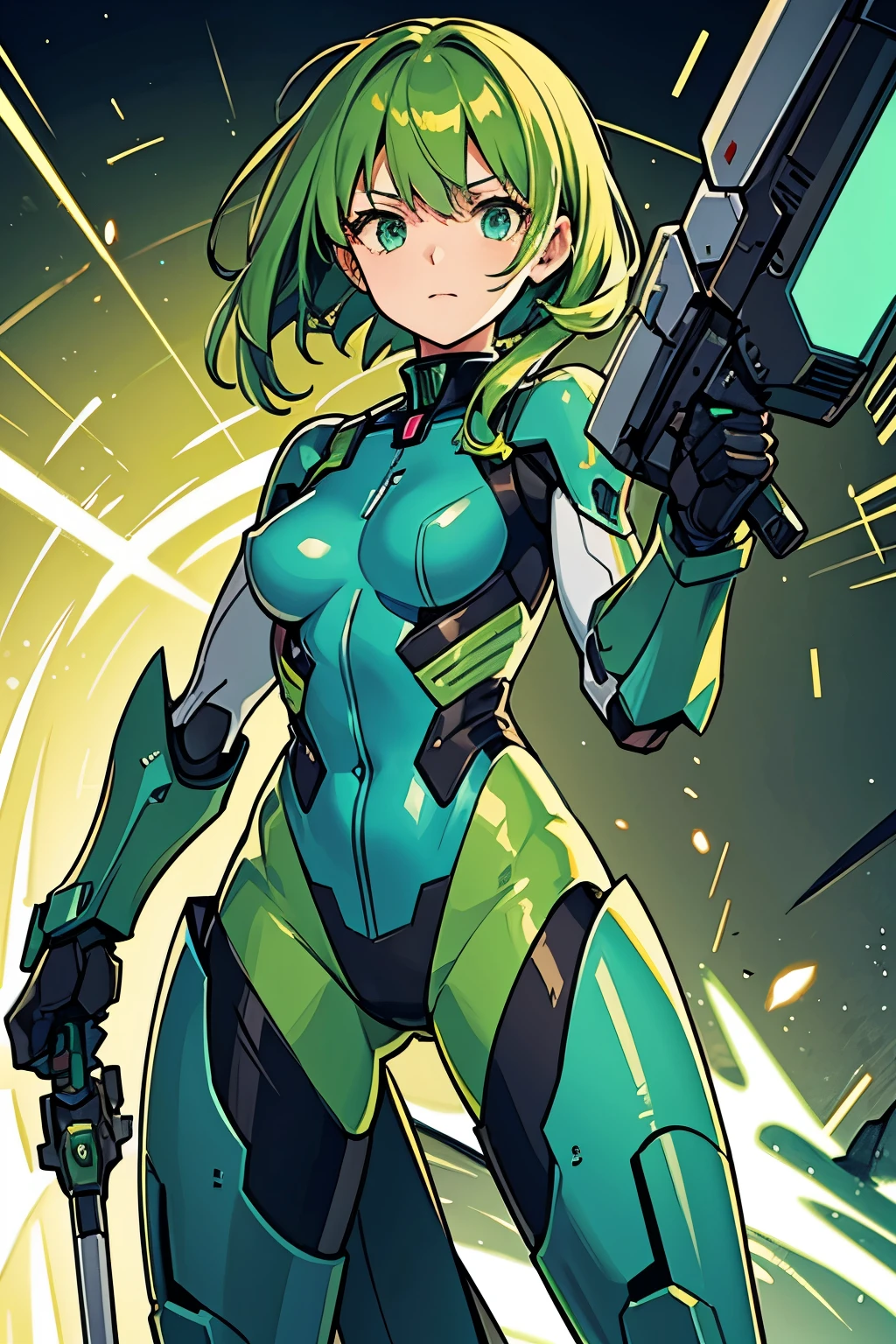 best quality,detailed background,girl,mecha,Green Hair,mechanical weapons,  plugsuit ,energy sword,　close up