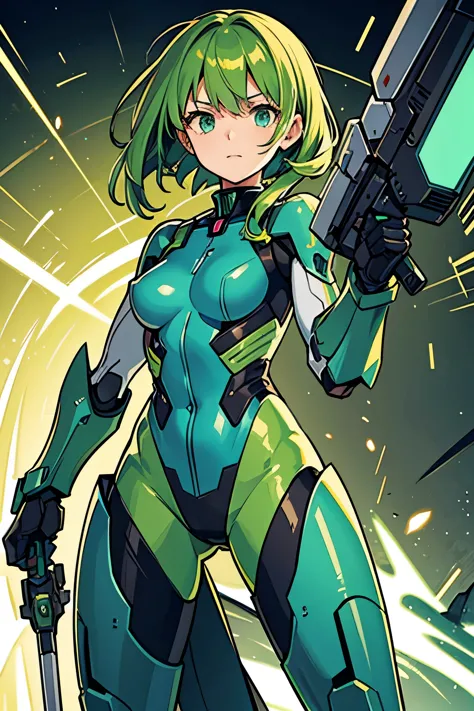 best quality,detailed background,girl,mecha,green hair,mechanical weapons,  plugsuit ,energy sword,　close up