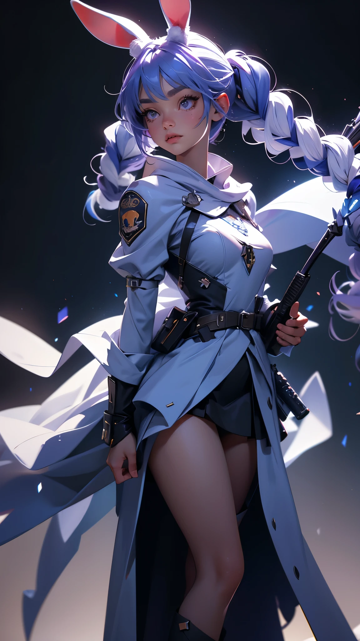 envision a 8k, highres, cinematic, beautiful full body splash art of a woman with lavender blue hair in pigtails, Blue eyes, Military Dress, Bunny ears, Tactical Skirt, fluffy white Cape, explosive accessories, carrot hair ornaments, magic wand, in dark lighting, against a dark gray background