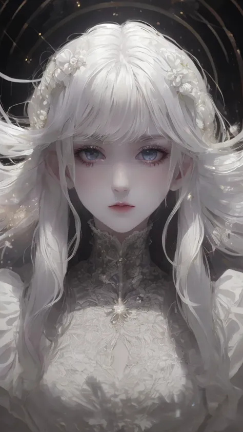 beautiful ghost woman, glow eyes, expressionless face, wearing a white short lolita clothing, pale white skin, night and fog, lo...