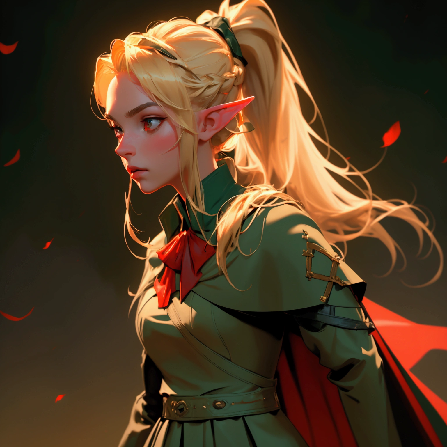 envision a 8k, highres, cinematic, beautiful close up portrait of a woman with blonde hair in a ponytail braid, red eyes, Military Dress, Tactical Skirt, Elegant Green Cape, Elf ears, tan skin,Fantasy accessories, in dark lighting, against a dark gray background