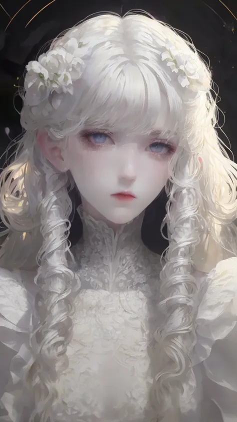 beautiful woman, ghost eyes, expressionless face, wearing a white short lolita clothes, pale white skin, night and fog, lolita c...