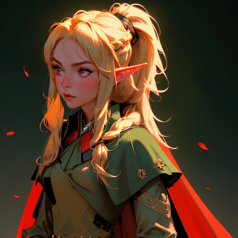 envision a 8k, highres, cinematic, beautiful close up portrait of a woman with blonde hair in a ponytail braid, red eyes, Military Dress, Tactical Skirt, Elegant Green Cape, Elf ears, tan skin,Fantasy accessories, in dark lighting, against a dark gray background