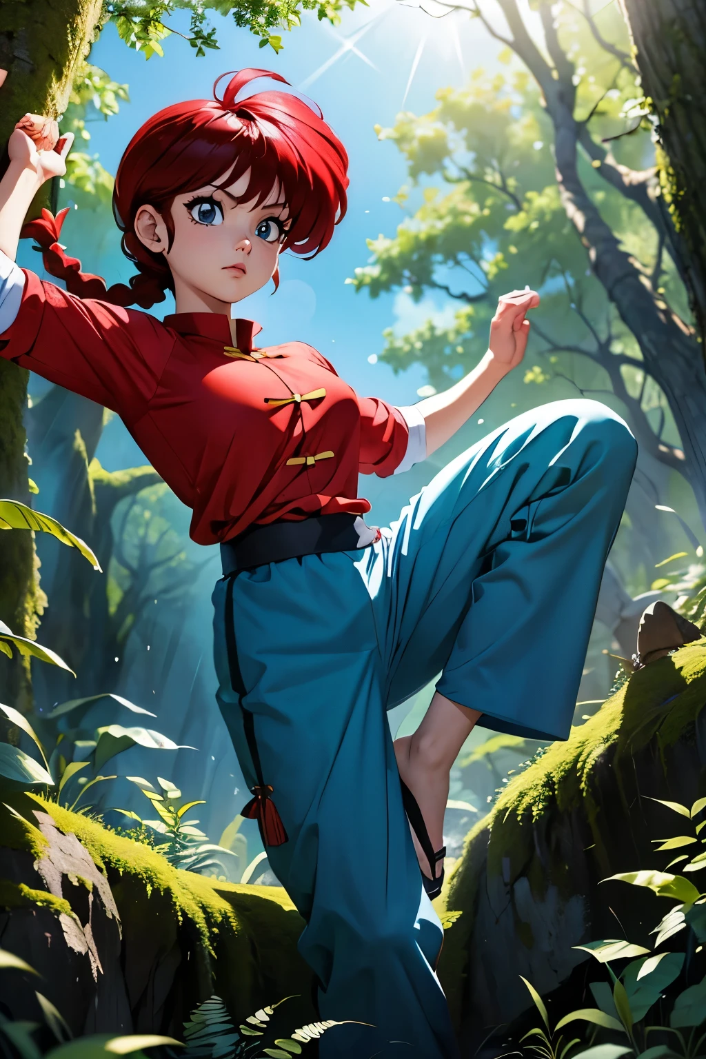 (8K, Photo brute, best quality, artwork:1.2), RanmaChan, RanmaRedShirt, blue pants, martial arts, forest