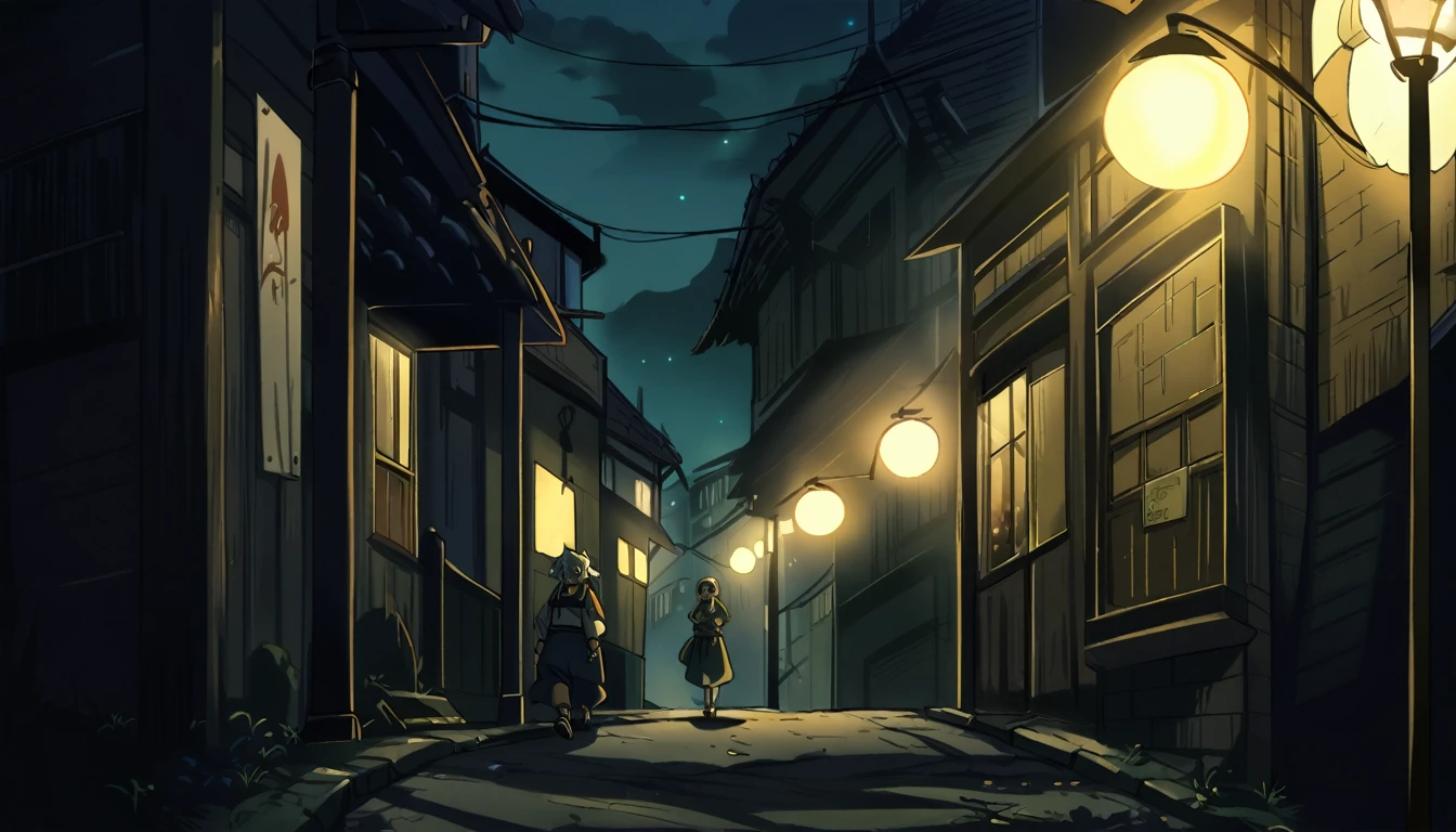 Silent dark street with deem lights, anime style.