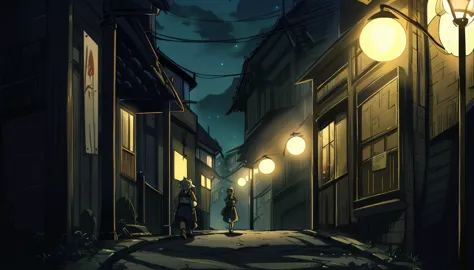 silent dark street with deem lights, anime style.