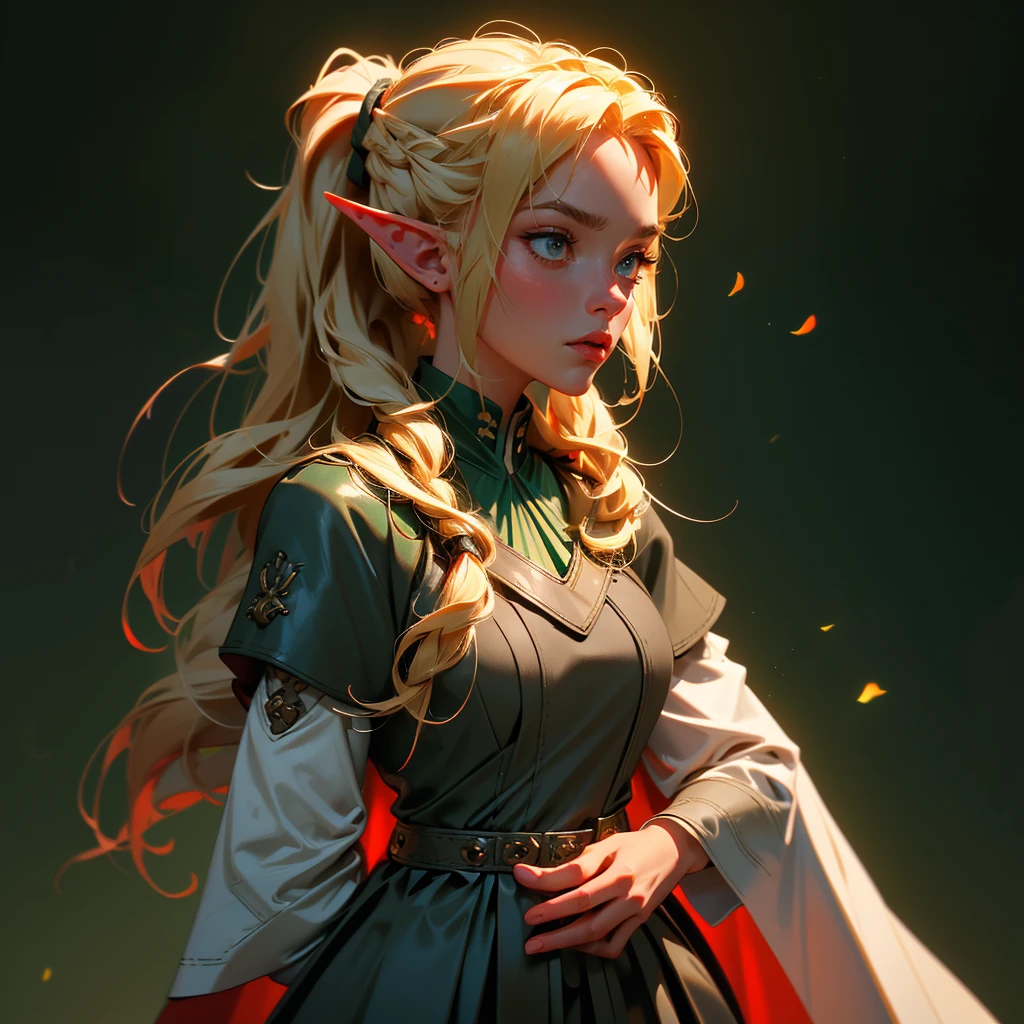 envision a 8k, highres, cinematic, beautiful close up portrait of a woman with blonde hair in a ponytail braid, red eyes, Military Dress, Tactical Skirt, Elegant Green Cape, Elf ears, tan skin,Fantasy accessories, in dark lighting, against a dark gray background