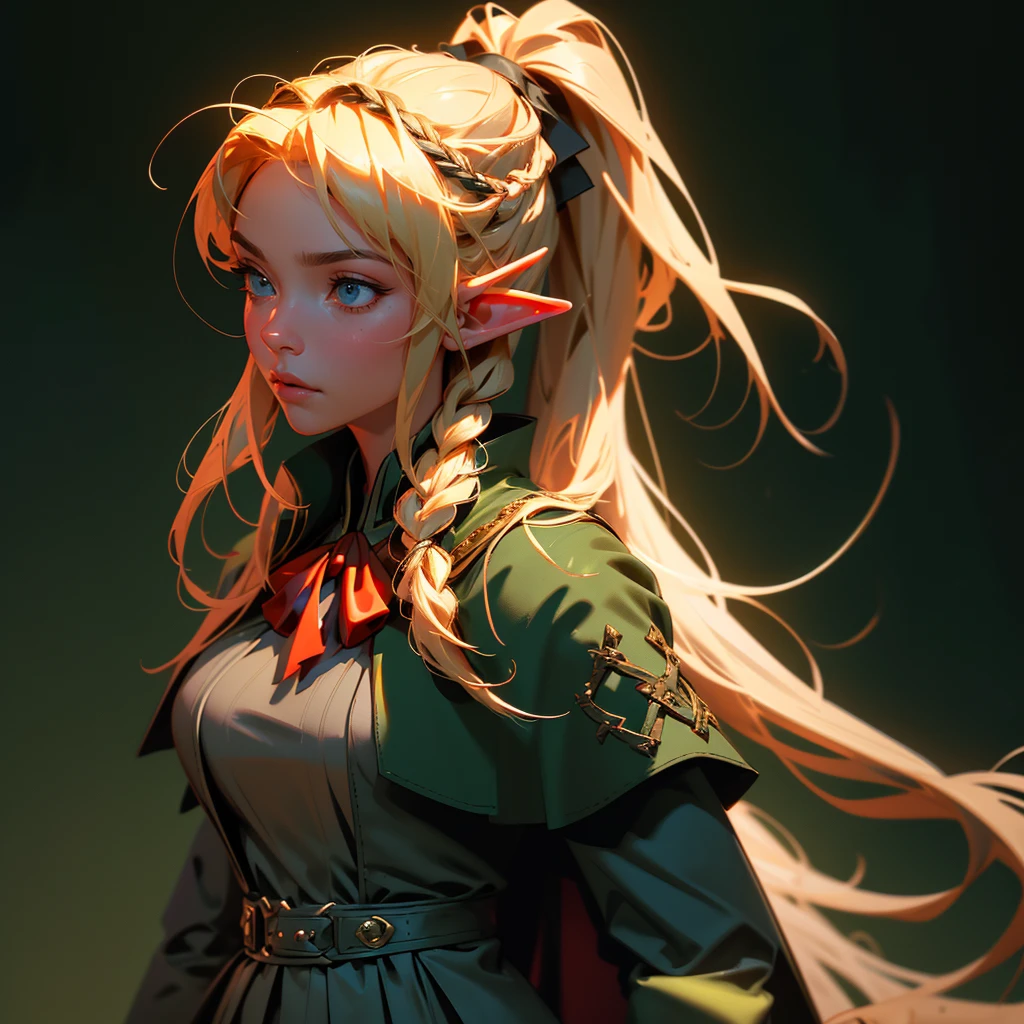 envision a 8k, highres, cinematic, beautiful close up portrait of a woman with blonde hair in a ponytail braid, red eyes, Military Dress, Tactical Skirt, Elegant Green Cape, Elf ears, tan skin,Fantasy accessories, in dark lighting, against a dark gray background