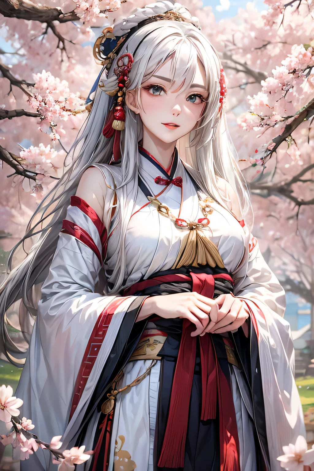 high resolution, 1 female, Solitary, Shiny skin, Jewelry, Above the waist, White hair, Hanfu, Taoist robe, Cherry blossoms，White Hanfu