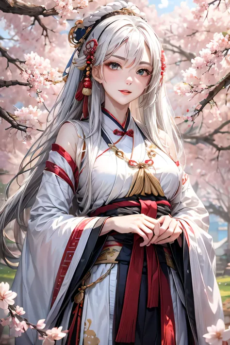 high resolution, 1 female, solitary, shiny skin, jewelry, above the waist, white hair, hanfu, taoist robe, cherry blossoms，white...