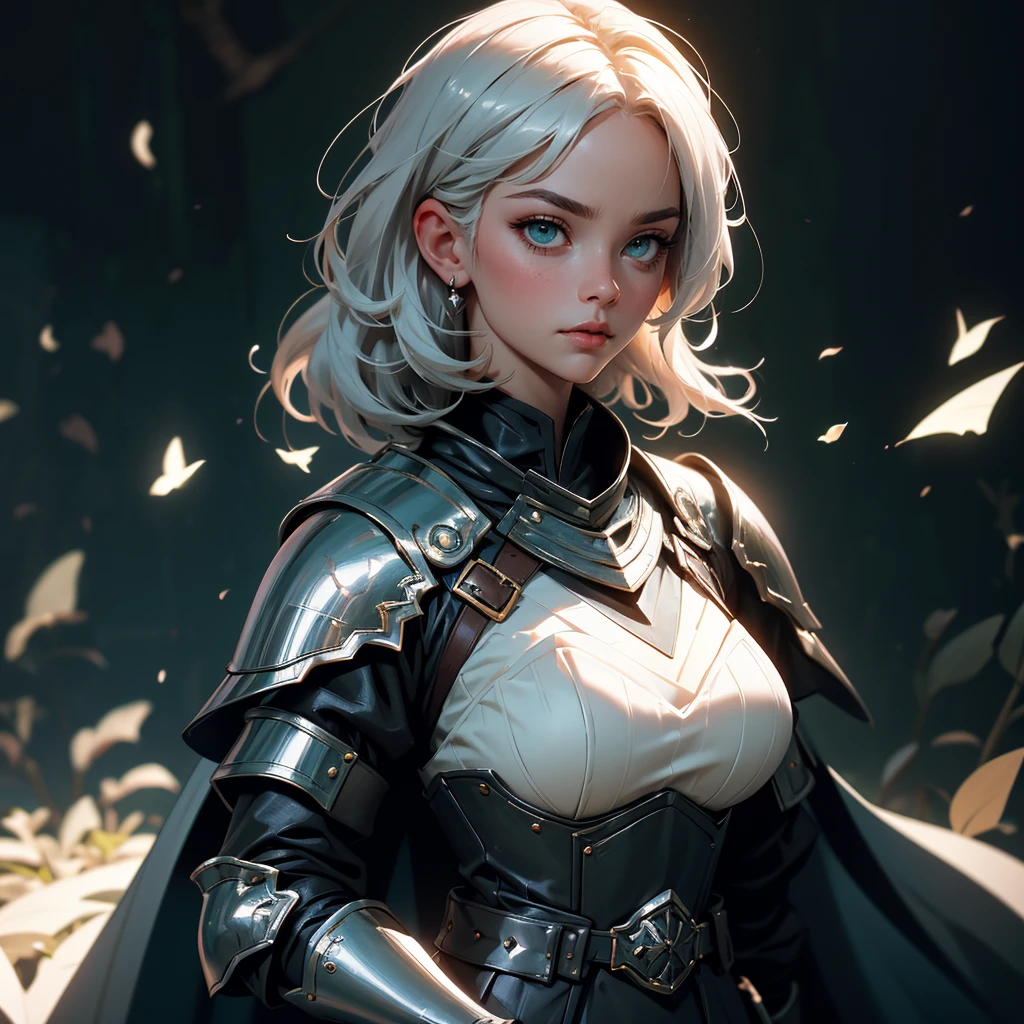 envision a 8k, highres, cinematic, beautiful close up portrait of a woman with big breasts and wide hips with silver white short hair, green eyes, Military Dress, Tactical Skirt, Black Cape, Knight armor, Fantasy accessories, in dark lighting, against a dark gray background