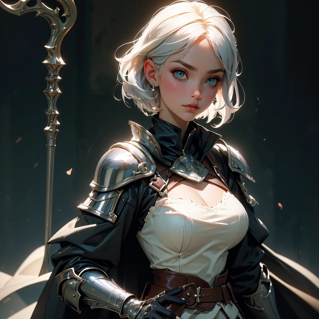 envision a 8k, highres, cinematic, beautiful close up portrait of a woman with big breasts and wide hips with silver white short hair, green eyes, Military Dress, Tactical Skirt, Black Cape, Knight armor, Fantasy accessories, in dark lighting, against a dark gray background