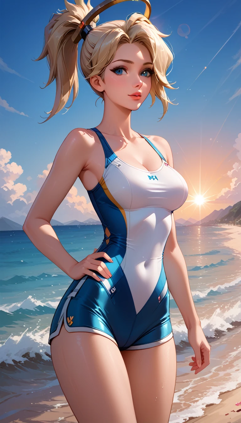 score_9, score_8_up, score_7_up, score_6_up, cinematic film still, solo, 1girl, BREAK mrcy, short hair, high ponytail, halo, cute swimsuit, tight shorts, running on beach, graceful, beautiful scene, sunrise, lens flare, highly detailed, detailed face, absurdres, 4k, masterpiece, best quality.