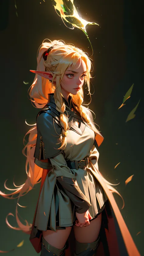 envision a 8k, highres, cinematic, beautiful full body splash art of a woman with blonde hair in a ponytail braid, red eyes, mil...