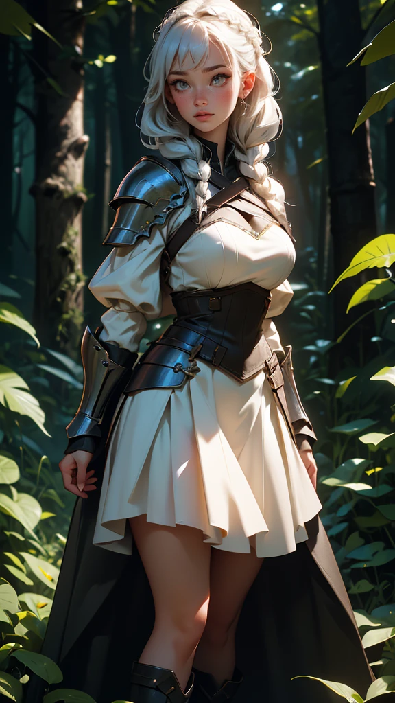 envision a 8k, highres, cinematic, beautiful full body splash art of a woman with big breasts and wide hips with silky silver white short braided hair, long bangs, forest green eyes, freckles, Military Dress, Tactical Skirt, Black Cape, Knight armor, Fantasy accessories, in dark lighting, against a dark gray background