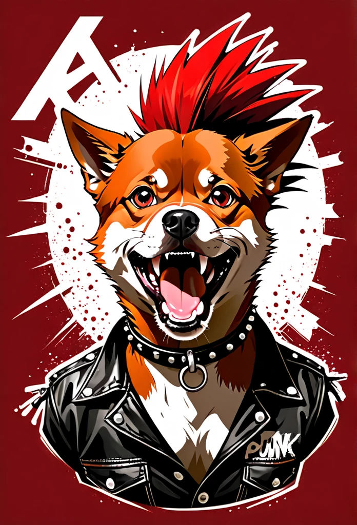 a close-up of a dog with a mohawk on its head, rock punk, punk, punk art, punk
estilo de arte da capa do álbum rock punk, wearing punk clothes The logo features warm reddish colors, the dog with open teeth and angry expression, in red, white and black tones, the dog will be wearing a spiked collar and a rock mohawk below the collar insert the name written punk dogs dj