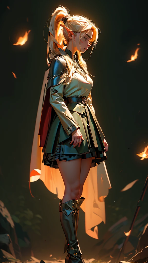 envision a 8k, highres, cinematic, beautiful full body splash art of a woman with blonde hair in a ponytail braid, red eyes, Military Dress, Tactical Skirt, Elegant Green Cape, long brown boots, Elf ears, tan skin,Fantasy accessories, in dark lighting, against a dark gray background