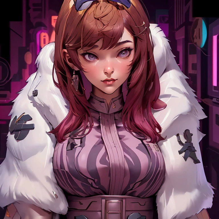 envision a 8k, highres, cinematic, beautiful close up portrait art of a woman with big breasts and wide hips with warm brown hair, long bangs, purple eyes, Military Dress, Tactical Skirt, Fluffy short Cape,cyberpunk armor, Tactical accessories, sunglasses, in dark lighting, against a dark gray background