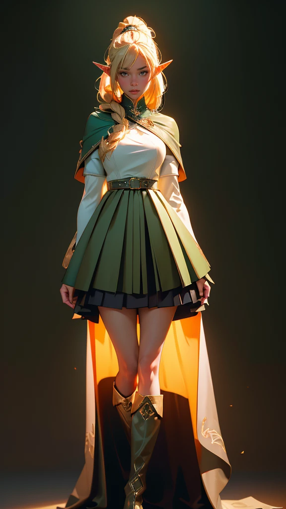 envision a 8k, highres, cinematic, beautiful full body splash art of a woman with blonde hair in a ponytail braid, red eyes, Military Dress, Tactical Skirt, Elegant Green Cape, long brown boots, Elf ears, tan skin,Fantasy accessories, in dark lighting, against a dark gray background