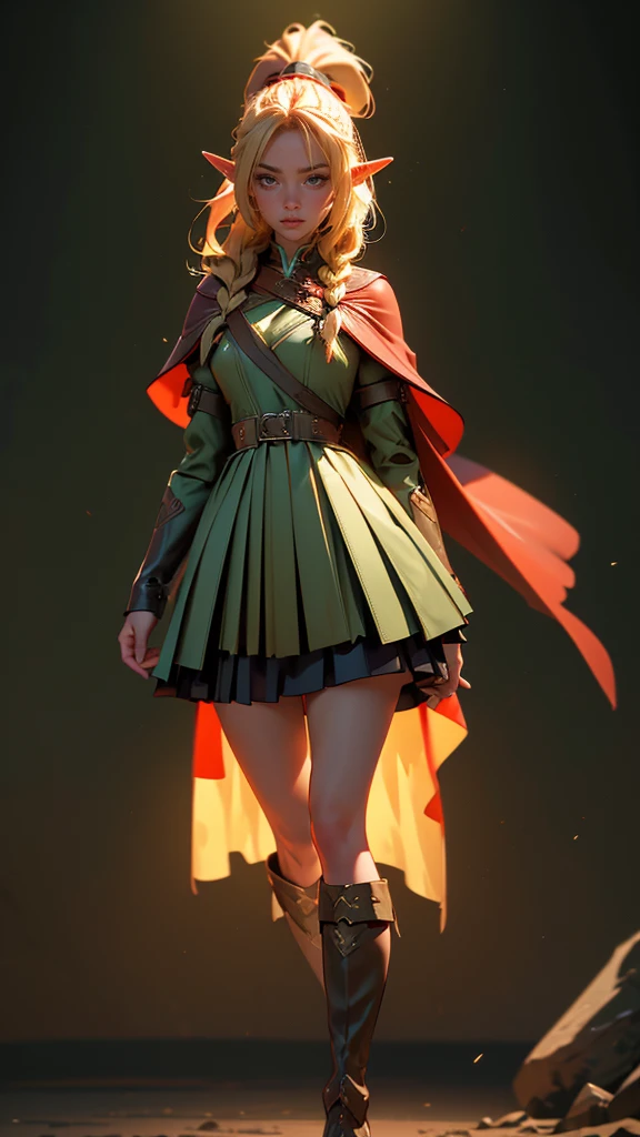 envision a 8k, highres, cinematic, beautiful full body splash art of a woman with blonde hair in a ponytail braid, red eyes, Military Dress, Tactical Skirt, Elegant Green Cape, long brown boots, Elf ears, tan skin,Fantasy accessories, in dark lighting, against a dark gray background