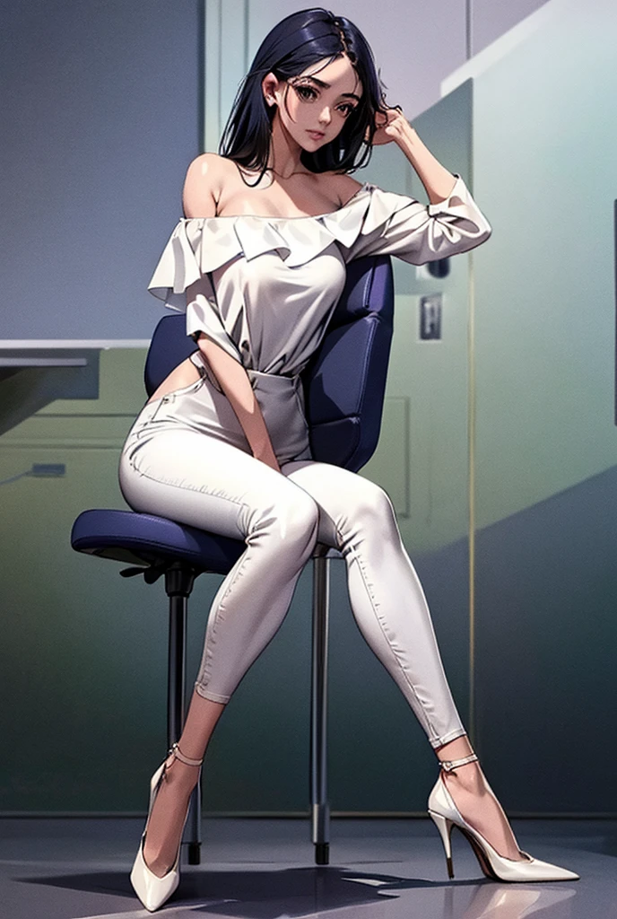 (Straight Front View), straight front view, Full body of a Girl with white off-shoulder dres, skinny jeans, high heels, sitting on an office chair facing the viewer like in a formal interview, straight pose, perfect face, perfect body, detailed eye, (masterpiece) 