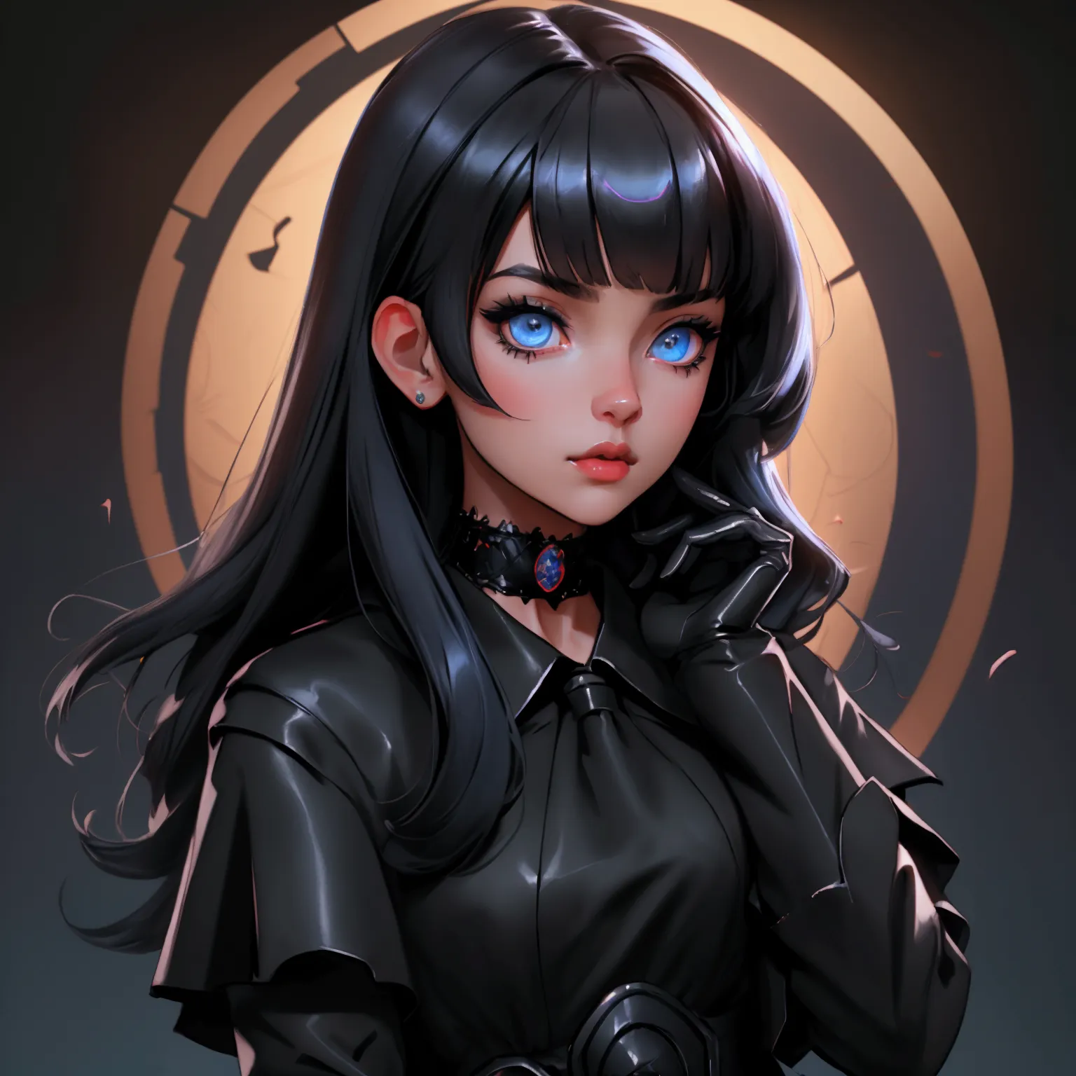 envision a 8k, highres, cinematic, beautiful close up portrait art of a woman with black shiny hair, long bangs, blue eyes, mili...