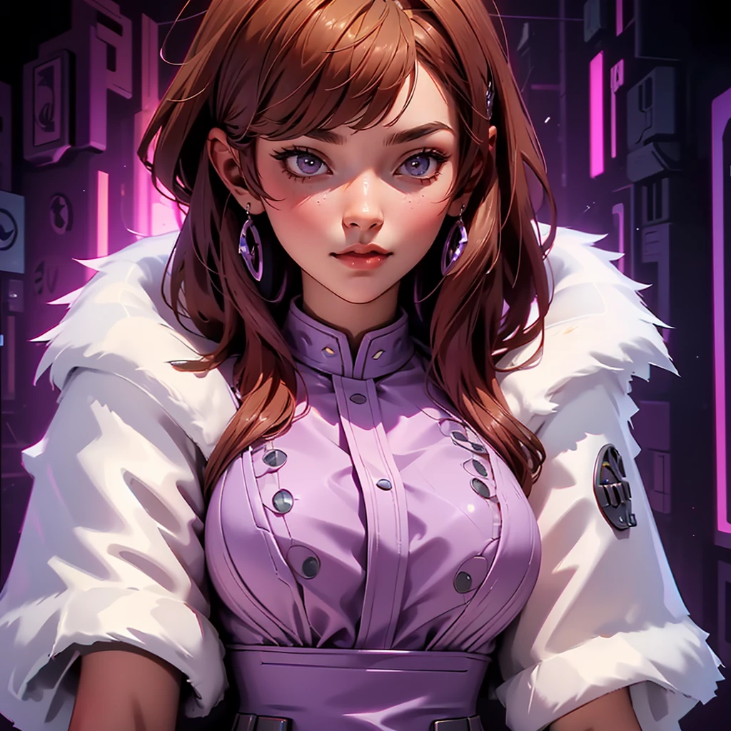 envision a 8k, highres, cinematic, beautiful close up portrait art of a woman with big breasts and wide hips with warm brown hair, long bangs, purple eyes, Military Dress, Tactical Skirt, Fluffy short Cape,cyberpunk armor, Tactical accessories, sunglasses, in dark lighting, against a dark gray background