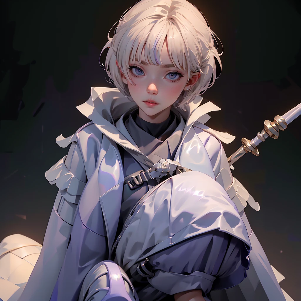 envision a 8k, highres, cinematic, beautiful close up portrait of a girl with white short hair, long bangs, purple eyes, Military Jacket, Tactical White Skirt, Magic Wand, Magic Short Robes, Long Boots, Sexy, in dark lighting, against a dark gray background