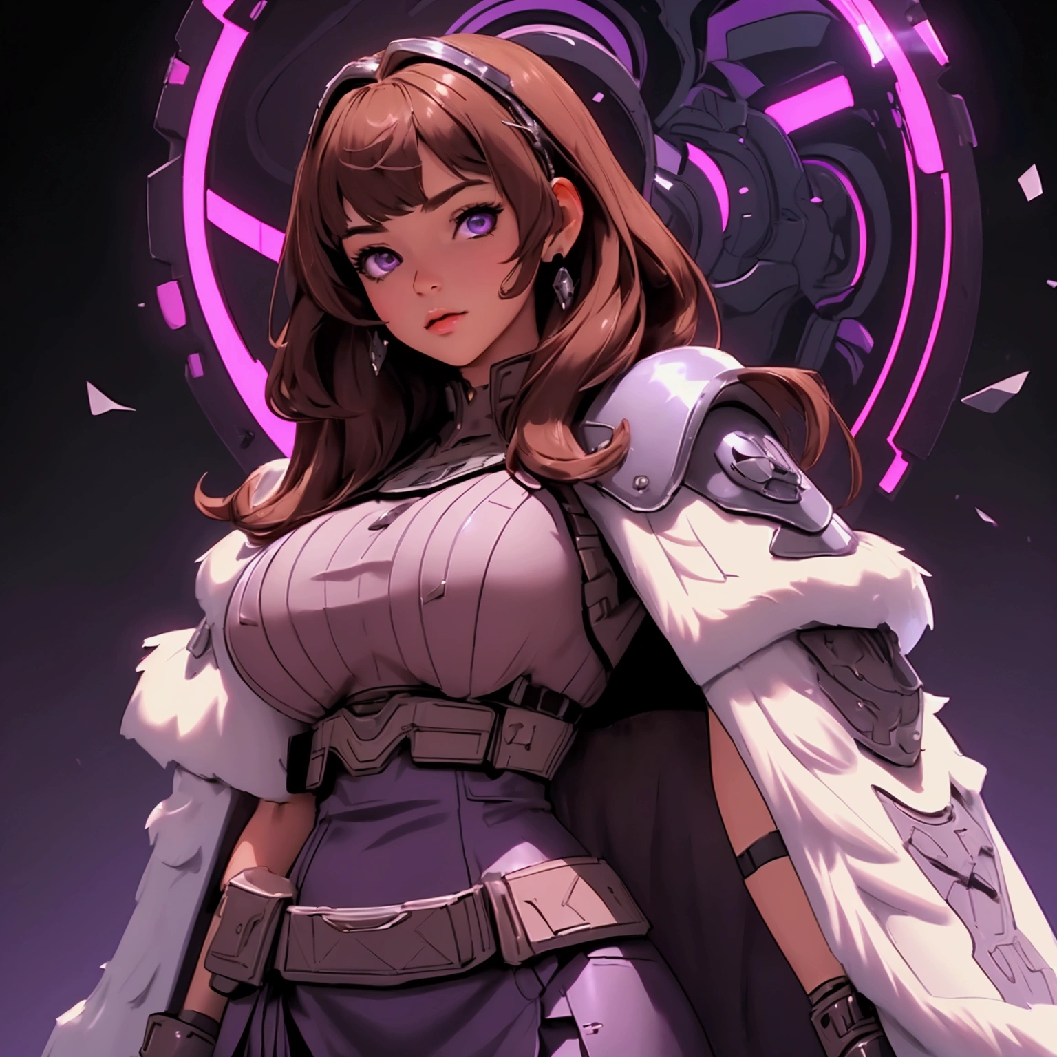 envision a 8k, highres, cinematic, beautiful close up portrait art of a woman with big breasts and wide hips with warm brown hair, long bangs, purple eyes, Military Dress, Tactical Skirt, Fluffy short Cape, cyberpunk armor, Tactical accessories, sunglasses, in dark lighting, against a dark gray background