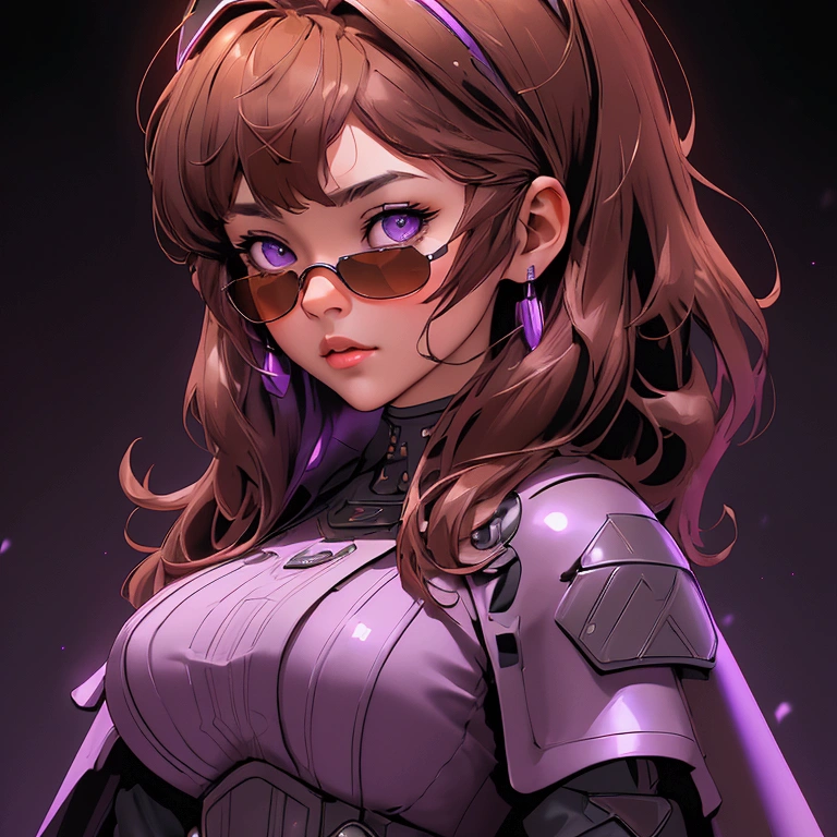 envision a 8k, highres, cinematic, beautiful close up portrait art of a woman with big breasts and wide hips with warm brown hair, long bangs, purple eyes, Military Dress, Tactical Skirt, Fluffy short Cape, cyberpunk armor, Tactical accessories, sunglasses, in dark lighting, against a dark gray background