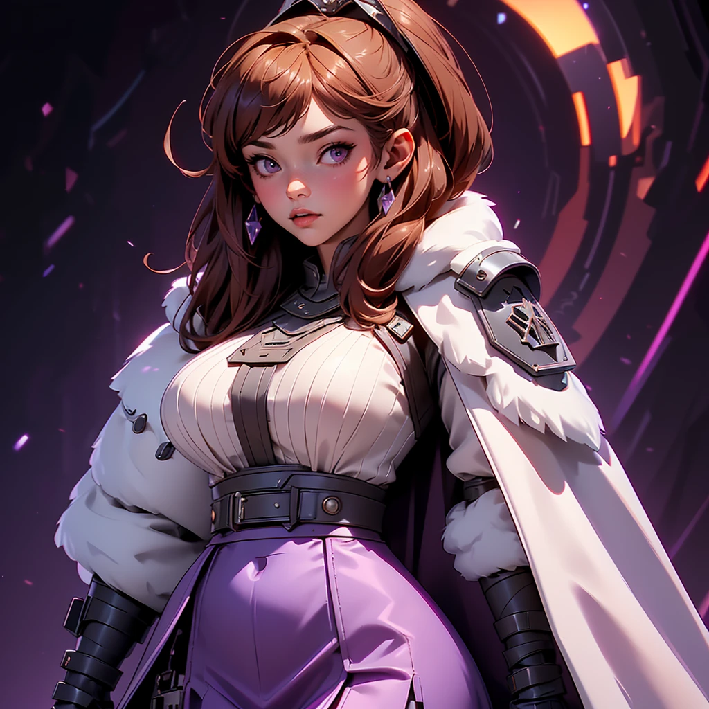 envision a 8k, highres, cinematic, beautiful close up portrait art of a woman with big breasts and wide hips with warm brown hair, long bangs, purple eyes, Military Dress, Tactical Skirt, Fluffy short Cape, cyberpunk armor, Tactical accessories, sunglasses, in dark lighting, against a dark gray background