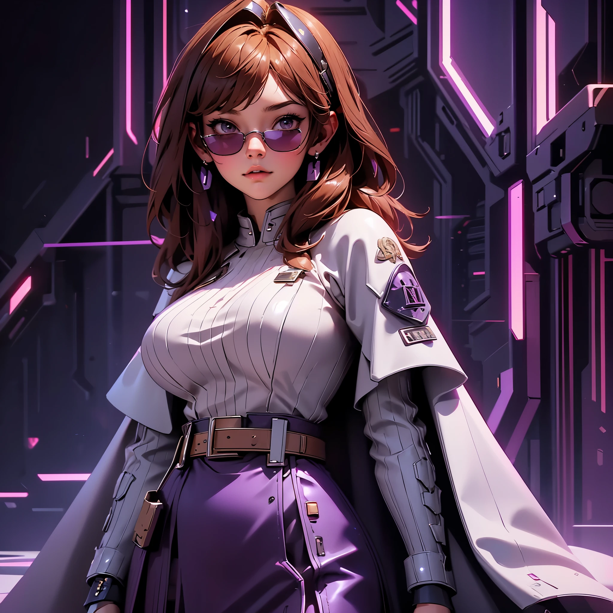 envision a 8k, highres, cinematic, beautiful close up portrait art of a woman with big breasts and wide hips with warm brown hair, long bangs, purple eyes, Military Dress, Tactical Skirt, Fluffy short Cape, cyberpunk armor, Tactical accessories, sunglasses, in dark lighting, against a dark gray background