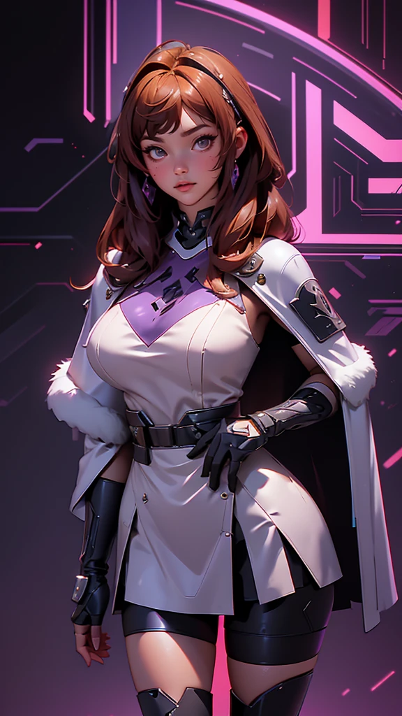 envision a 8k, highres, cinematic, beautiful full body splash art of a woman with big breasts and wide hips with warm brown hair, long bangs, purple eyes, Military Dress, Tactical Skirt, Fluffy short Cape, cyberpunk armor, Tactical accessories, sunglasses, in dark lighting, against a dark gray background