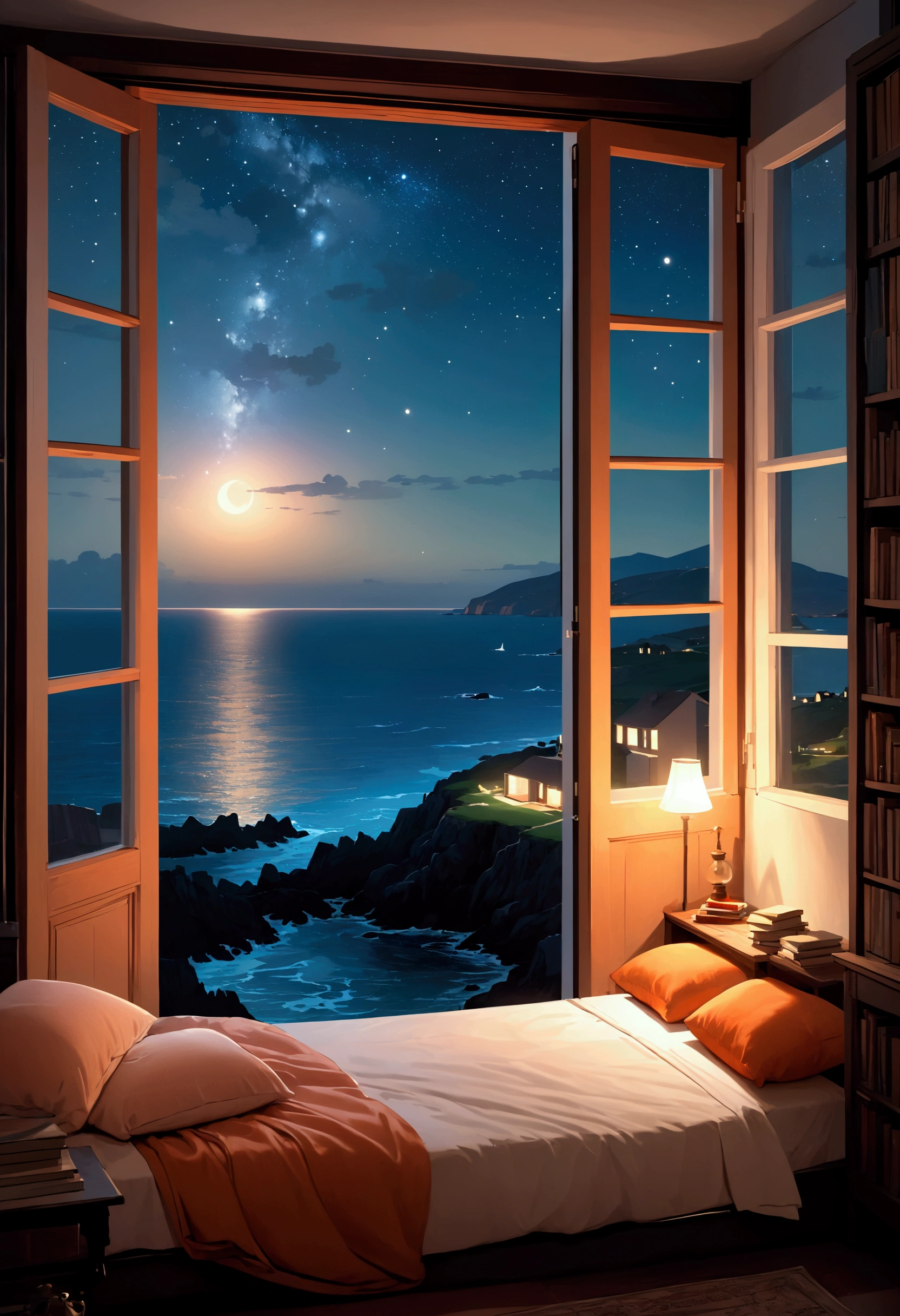 Landscape with a house near the sea, at night. A huge room , in a very relaxing place, com uma window facing the sea, tall house, window facing the sea. And have a bed near the window. low lighting, practically with the light of the stars and moonlight , large room, with books, intimate furniture, and an orange fur cat looking out the window, ultra-realistc, room as huge as a museum