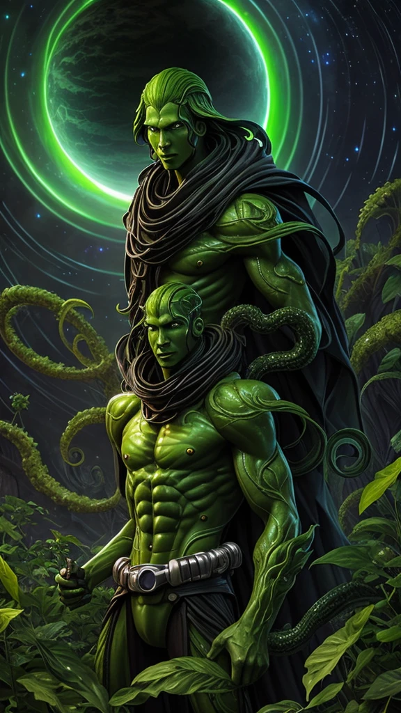 Extraterrestrial male being, slender, shiny green skin, large black eyes, long tentacle hair, seductive smile, defined, provocative physique, natural planet, garden with flowers, cold atmosphere, star wars, masterpiece  