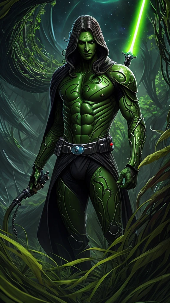 Extraterrestrial male being, slender, shiny green skin, large black eyes, long tentacle hair, seductive smile, defined, provocative physique, natural planet, garden with flowers, cold atmosphere, star wars, masterpiece  