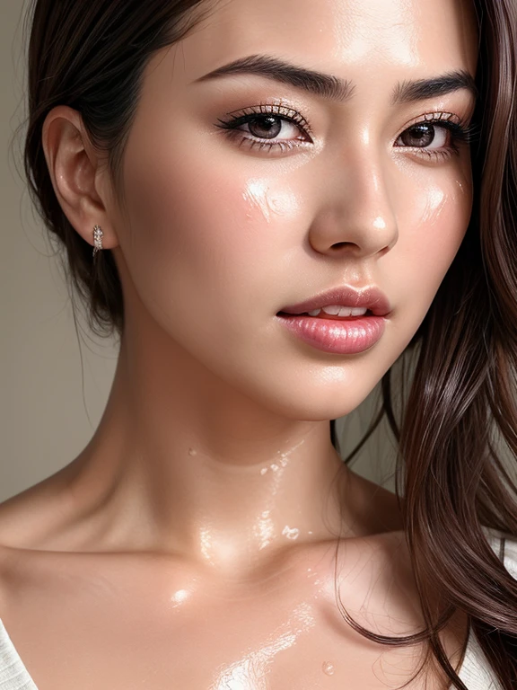 Beautiful ultra sexy Japanese,1 girl(masterpiece:1.2, highest quality), (Realistic, Realistic:1.74),, Keep your eyes clearly focused, Nose and mouth,Face Focus, 、 Age 35,Black Hair, ,Realistic nostrils、Angle from below、Elongated C-shaped nostrils(Sharp Nose)Sweaty skin、Shiny skin,((Brow wrinkles)))（On the tongue)、Deep Kiss、((Thin eyebrows))Oily skin、glistening shining skin、(oily skin,sweat))((Shiny skin)（(Sweaty skin))(((licking lips)))