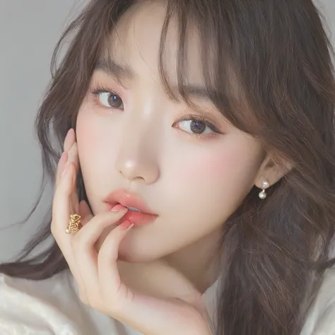 there's an ultra-high resolution 8k close-up portrait of a captivating kpop idol girl, her hand touch the lips